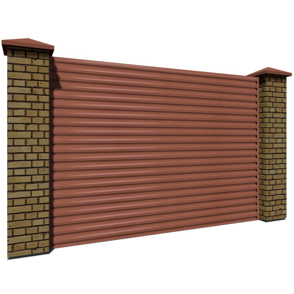 Секция забора жалюзи из ламелей еврожалюзи RAL8004 Терракотовый Стальной Бархат с кирпичными столбами