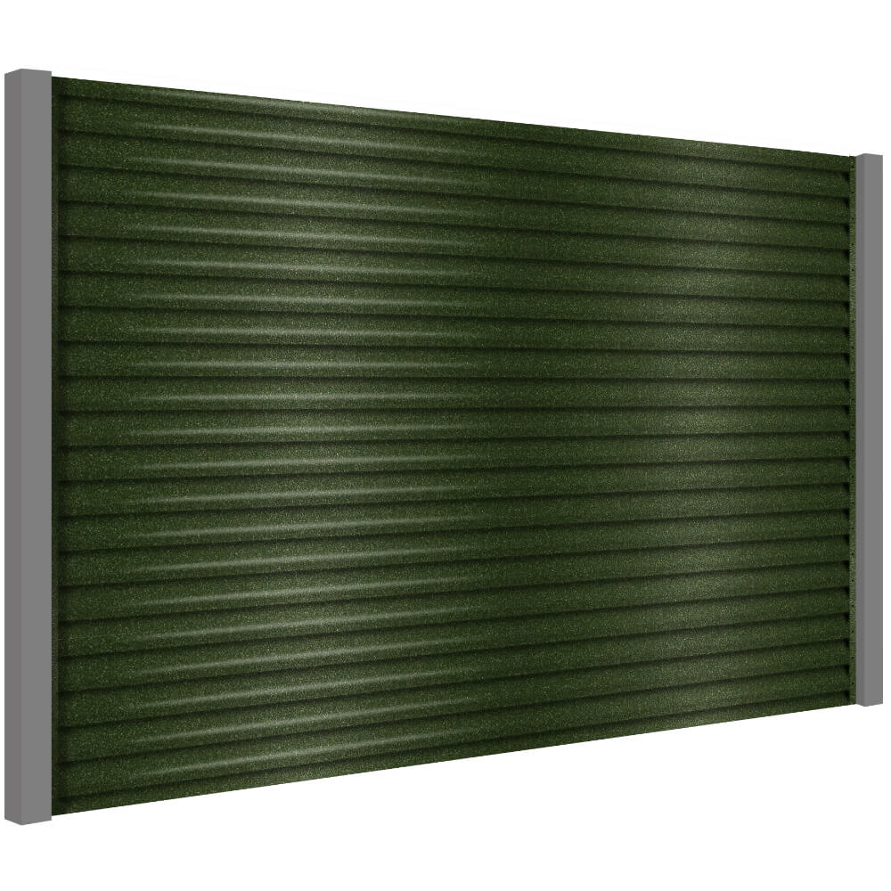 Секция забора жалюзи из ламелей еврожалюзи RAL6005 Зеленый Мох Стальной Бархат с металлическими столбами
