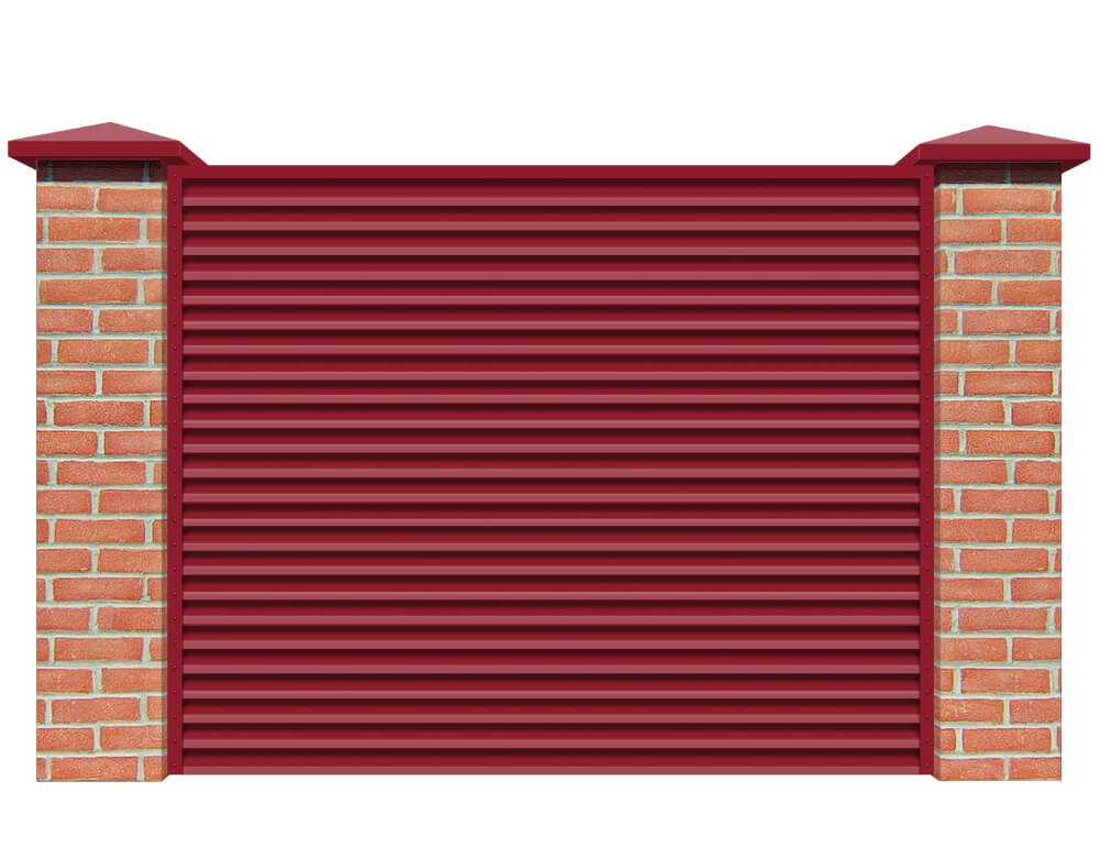 Секция забора жалюзи из ламелей Жалюзи ЭКО-Z RAL3003 Рубин с кирпичными столбами анфас