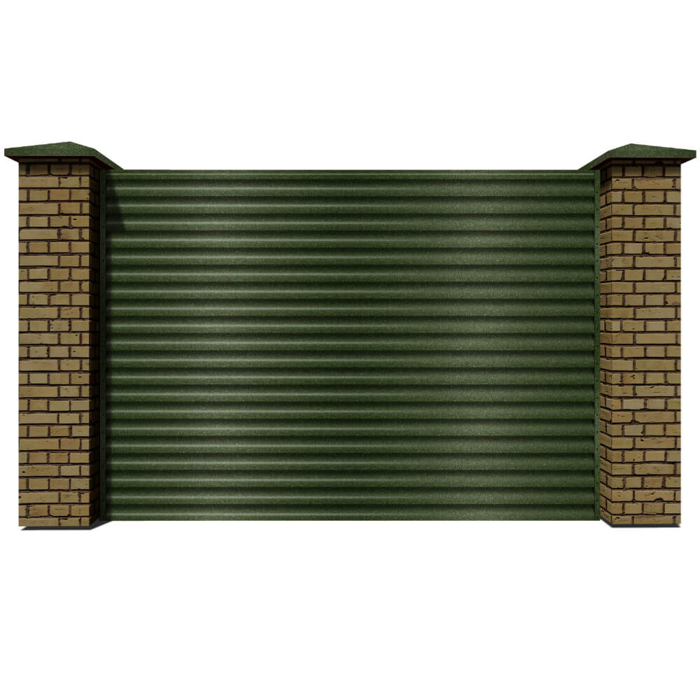 Секция забора жалюзи из ламелей еврожалюзи RAL6005 Зеленый Мох Стальной Бархат с кирпичными столбами анфас