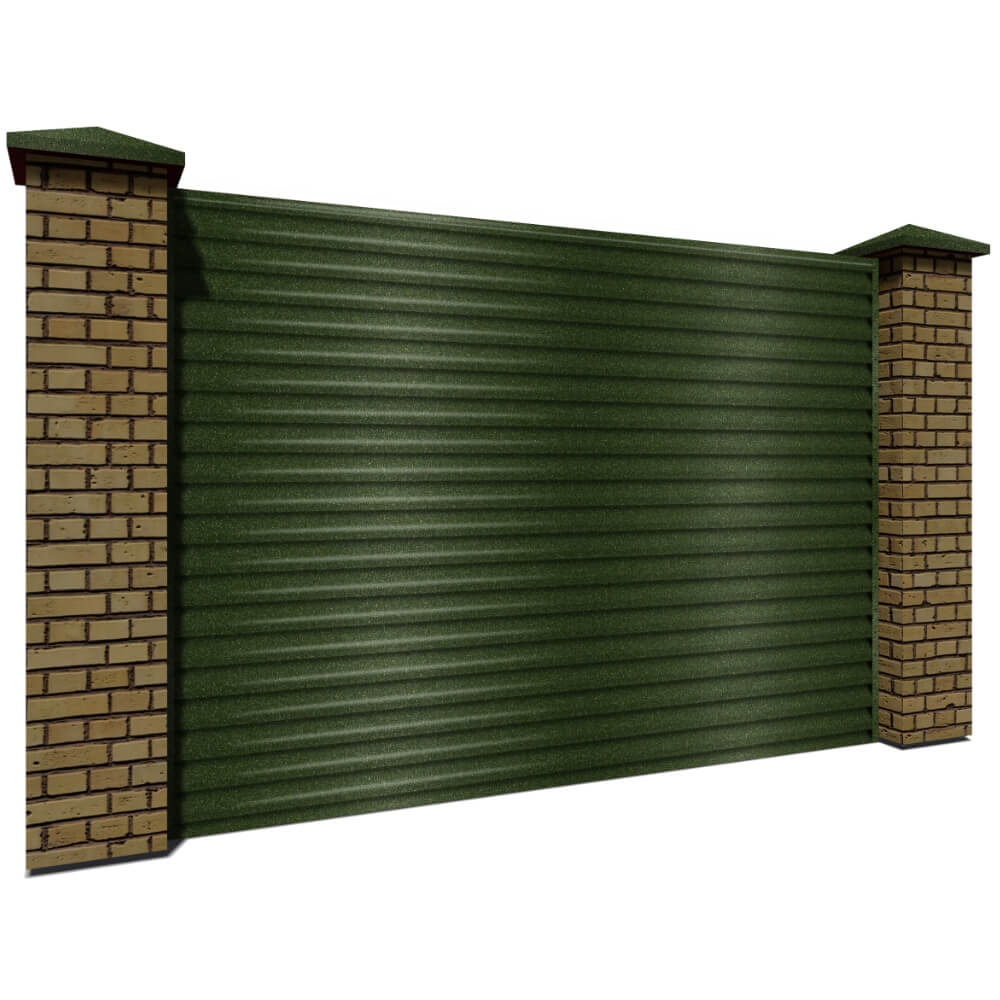 Секция забора жалюзи из ламелей еврожалюзи RAL6005 Зеленый Мох Стальной Бархат с кирпичными столбами