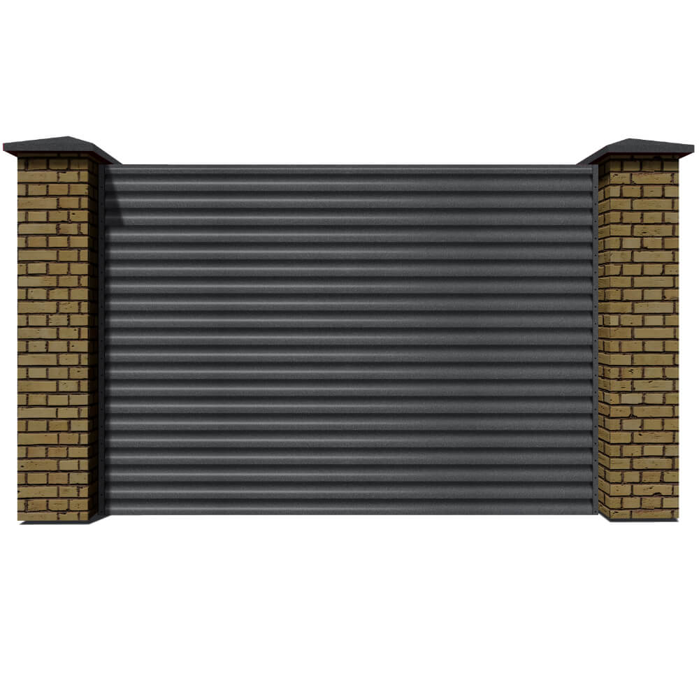 Секция забора жалюзи из ламелей еврожалюзи RAL7024 Серый Графит Стальной Бархат с кирпичными столбами анфас