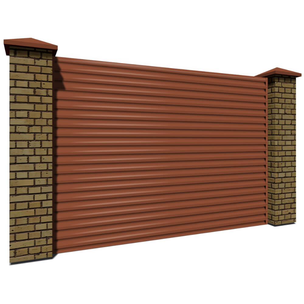Секция забора жалюзи из ламелей еврожалюзи RAL8004 Терракотовый с кирпичными столбами