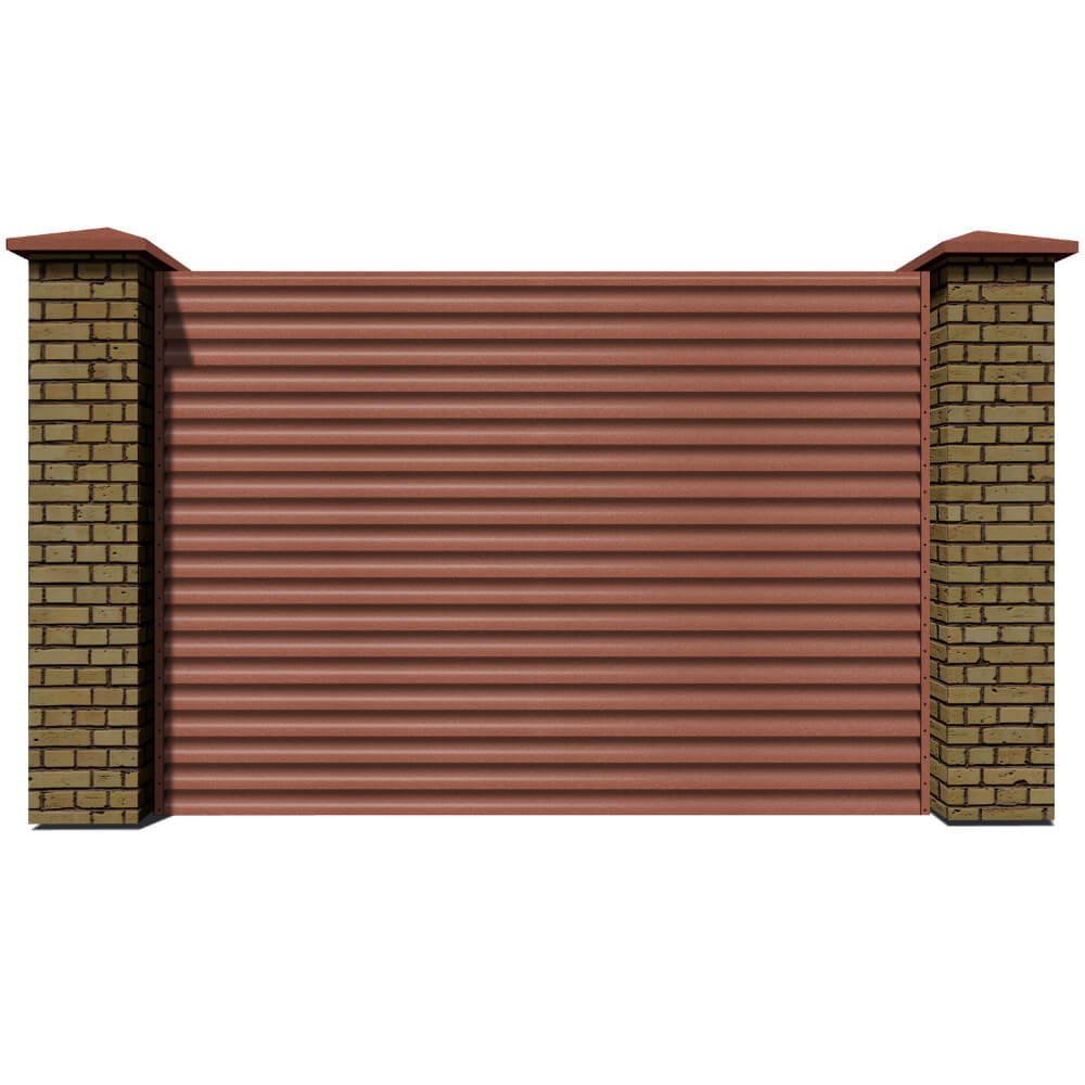 Секция забора жалюзи из ламелей еврожалюзи RAL8004 Терракотовый Стальной Бархат с кирпичными столбами анфас