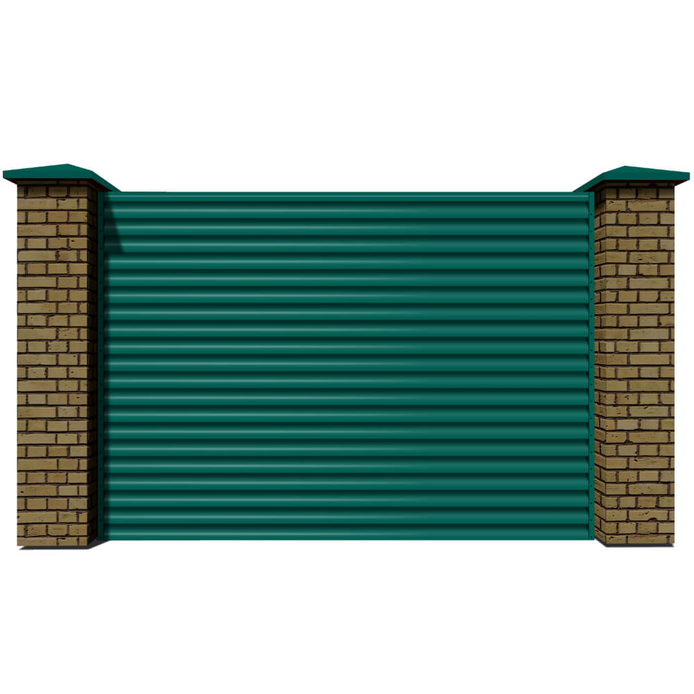 Секция забора жалюзи из ламелей еврожалюзи RAL6026 Опал с кирпичными столбами анфас