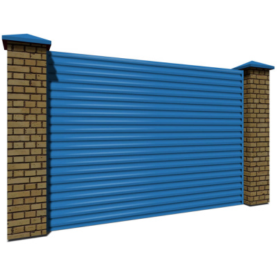 Секция забора жалюзи из ламелей еврожалюзи RAL5015 Небесно-Голубой с кирпичными столбами